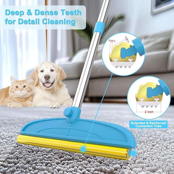 Carpet Rake for Dog Hair Remover: 2 in 1 Reusable Pet Hair Remover – 60‘’ Adjustable Long Handle Carpet Removal Tool for Dog Cat Human Hair – Carpet Scrape Cleaning for Rug Couch Bed