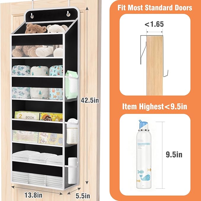 WISELIFE Over The Door Organizer Storage 4 Shelves Large Capacity Hanging Bedroom Storage Solution with 6 Side Pockets for Dorm Bathroom Pantry Nursery and Baby Essentials Holds up to 40 Lbs (Black)
