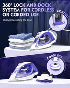 Cordless Iron for Clothes, 1550W 2-In-1 Cordless/Corded Steam Iron Rapid Heating, Ceramic Soleplate, 3-Way Auto-Off, Self-Cleaning, 12.85oz Water Tank Ironing Clothes for Home, Purple