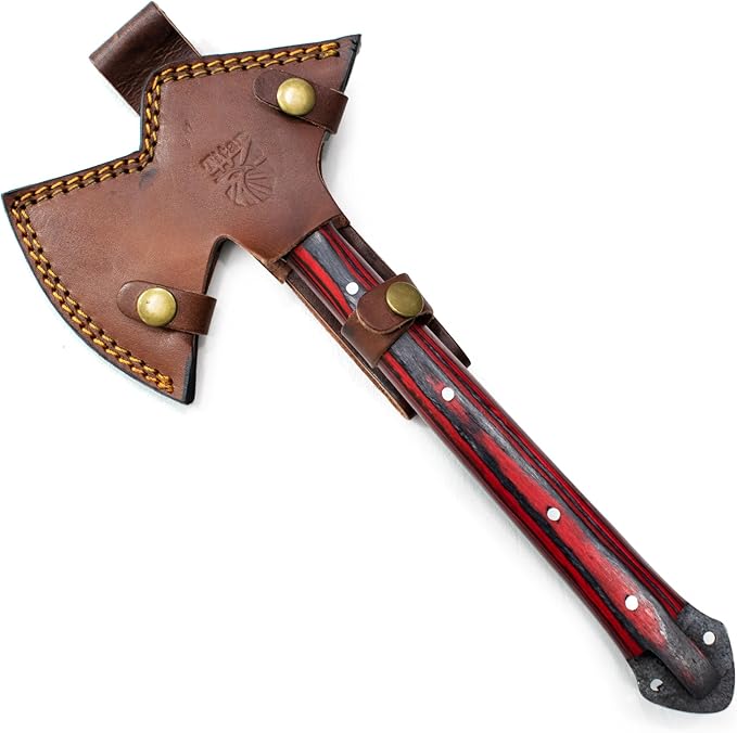 Titan International Knives Hunting Tomahawk Axe 1080 Carbon Steel Fixed Blade Diamondwood Handle with Sheath for Camping/Bushcraft/Outdoors