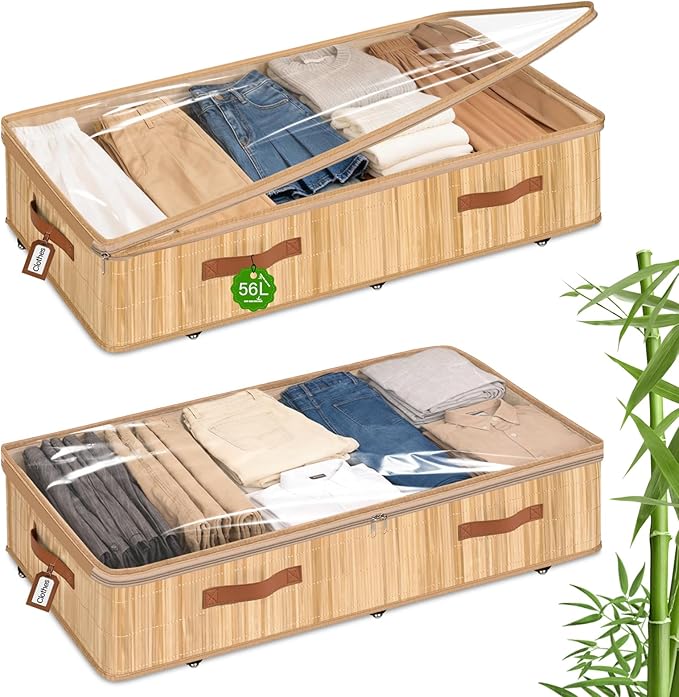 Livole Bamboo Under Bed Storage with Wheels, 6 inches Underbed Storage Containers, 56L XXL Rolling Under Bed Storage Bins with Clear Lid & Label for Clothes, Blankets, Sweater, Shoes, 1 Pack