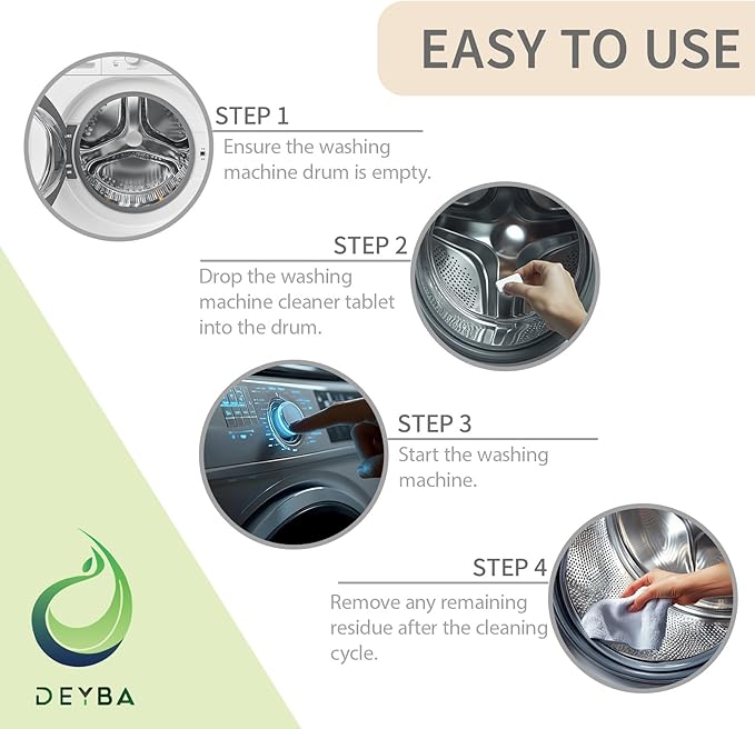 DEYBA Washing Machine Cleaner Tablets – Instant Foaming, Fast Dissolve, Eco-Friendly Odor Removal, Deep Cleaning for HE Front & Top Load, 24 Tablets