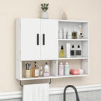 Wooden Bathroom Organizers, Over The Toilet Storage Cabinet with 2 Doors, Adjustable Shelves & Towel Bar, Wall Mounted Medicine Cabinet for Kitchen & Laundry, White