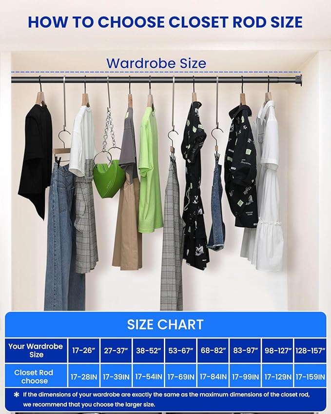 Supforce 2 PACK Closet Rods for Hanging Clothes, 17 to 69 Inches Stepless Adjustable Metal Closet Rod, 1.3 Inches Heavy Duty Clothes Hanging Rod for Closet Wardrobes Laundry RV, Black