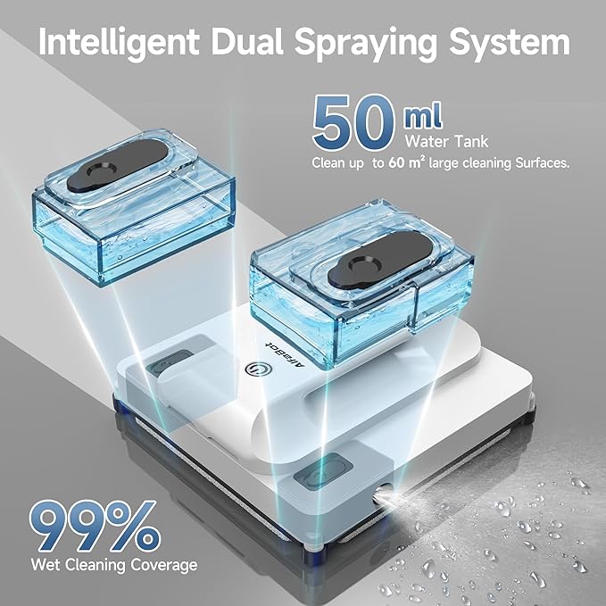 AlfaBot Window Cleaning Robot, Dual Nozzles with Ultrasonic Spray, 5000Pa Window Cleaner Robot with Edge Detection, 3 Intelligent Path Planning, Anti-Slipping System