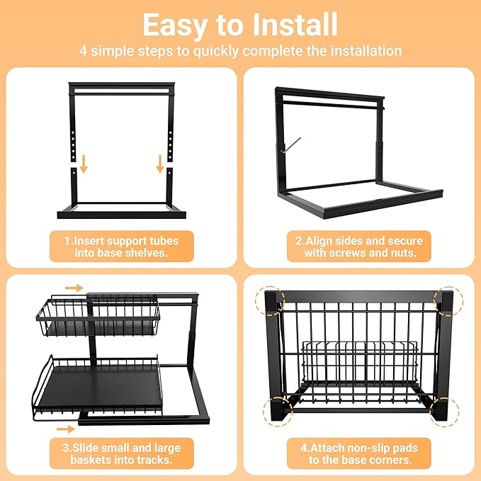 AceMining Under Sink Organizer, 2 Pack Pull-Out Under Cabinet Organizer, 2 Tier Under Sink Storage with Sliding Basket, L-Shaped and Adjustable Height Design for Kitchen and Bathroom