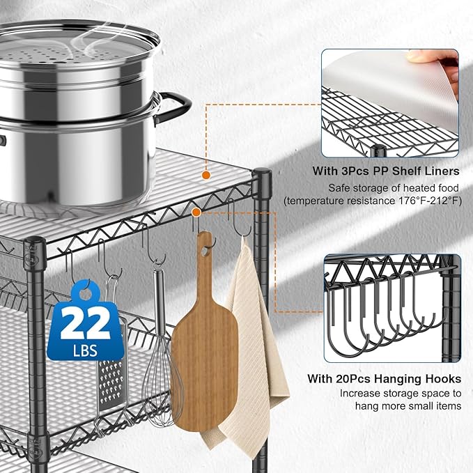 Leteuke 1120LBS Heavy Duty Rolling Utility Cart,3 Tier Rolling Carts with Wheels,NSF Commercial Grade with Handle Bar & Shelf Liners,45"x25"x39" Storage Cart for Kitchen,Restaurant,Plant Display,Black