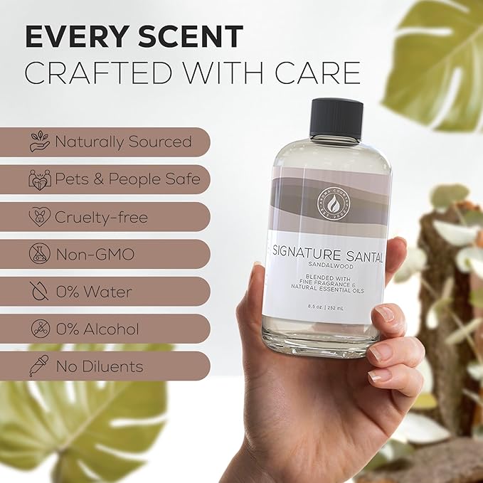 Aroma Country Signature Santal Diffuser Oil - Luxury Essential Oils for Diffuser Refill & Air Freshener Room Spray - Long-Lasting & Natural Home Fragrance, Sandalwood Scented Oil (8.5 Fl. oz)