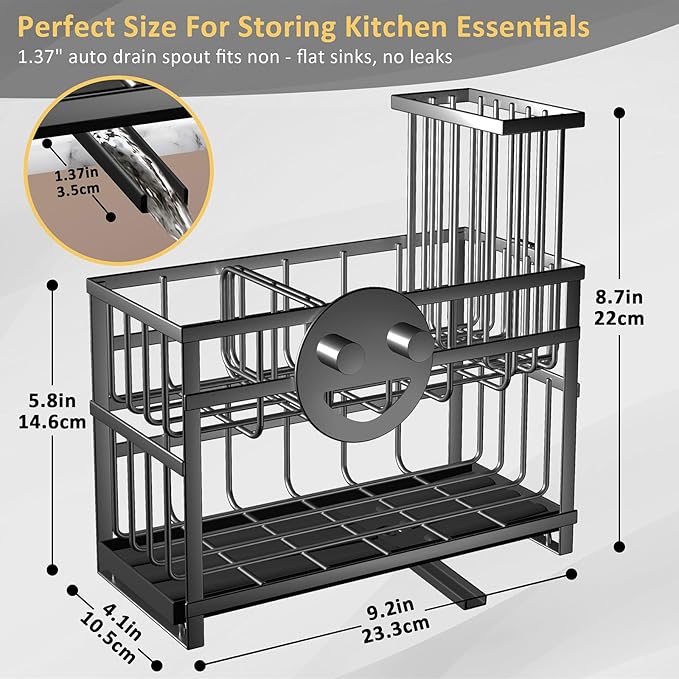 Sponge Holder for Kitchen Sink & Sink Caddy - 2-Tier Stainless Steel Organizer with Automatic Drainage, Rustproof Storage for Dish Brush, Soap Dispenser & Countertop Essentials