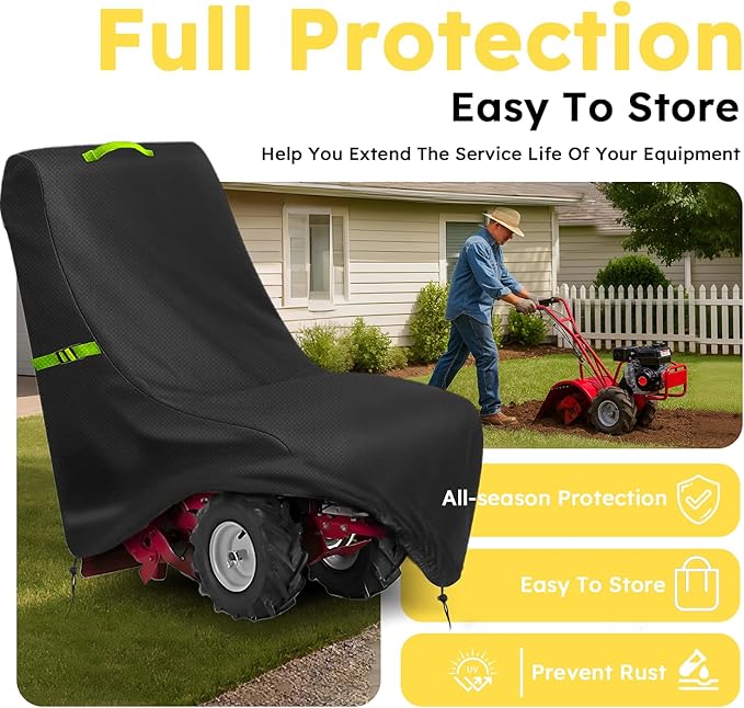Tiller Cover, Rototiller Covers, 420D Silver-Coated Waterproof Fabric, Adjustable Drawstring Hem, Green Handle & Rear Waist Band – Fits Most Tillers (Black, Electric Tiller Cover)