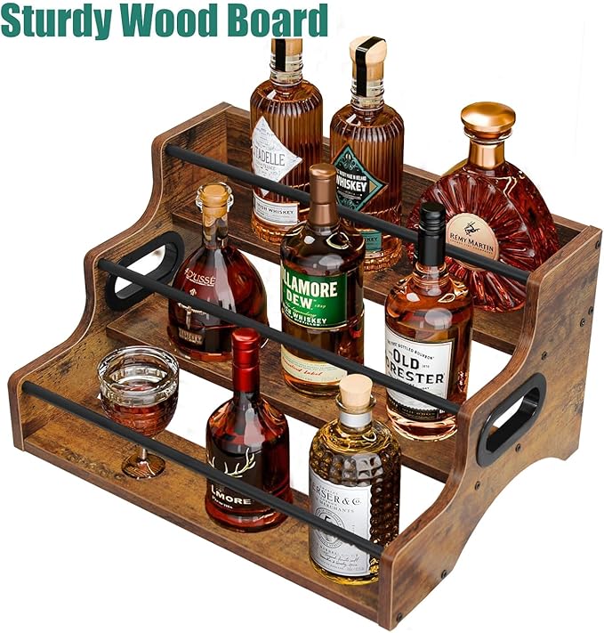 AT-VALY 3-Tier Spice Rack, Iron&MDF Kitchen Storage Shelf, Space-Saving Countertop Organizer for Spices, Herbs, Seasonings, Sturdy Stylish Condiment Holder,Countertop Wine Rack (Rustic Brown)