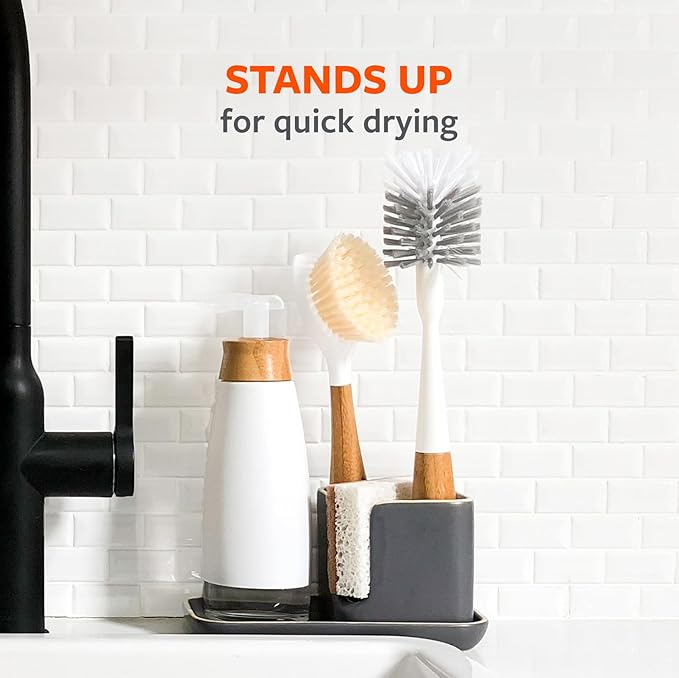 Full Circle Clean Reach Bottle Brush with Replaceable Bristle Brush Head, Bamboo Handle, White