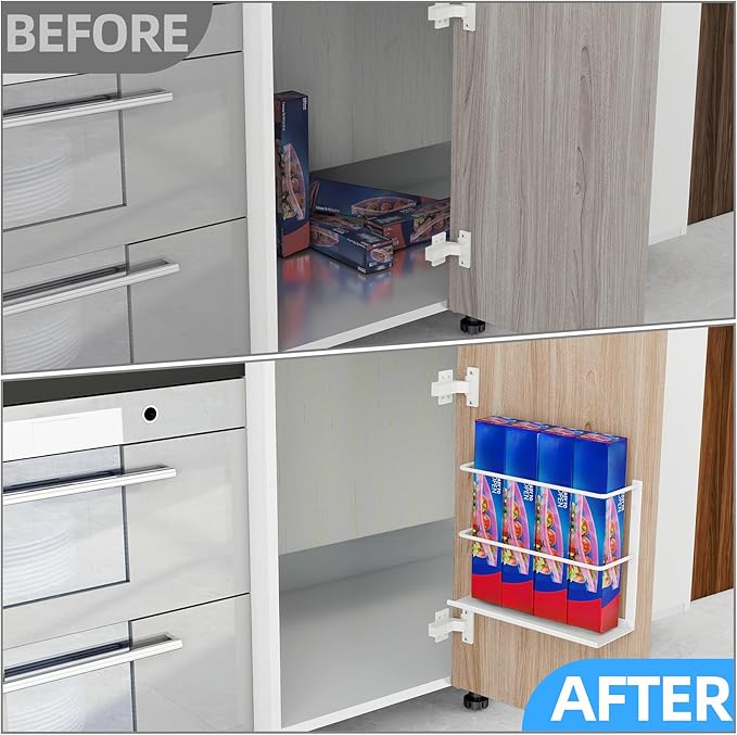 White Kitchen Wrap Organizer Door Mount, Aluminum Foil Holder Cabinet Door Organizer Cabinet Storage Basket for Kitchen Wrap/Food Bag Storage