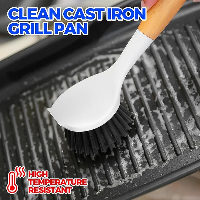 Holikme 3 Pack Cast Iron Brush and Scraper with Bamboo Handle – Skillet Scrubber with Tough Nylon Bristles, Kitchen Cleaner for Cleaning Skillet, Grill Pan, Dark Gray