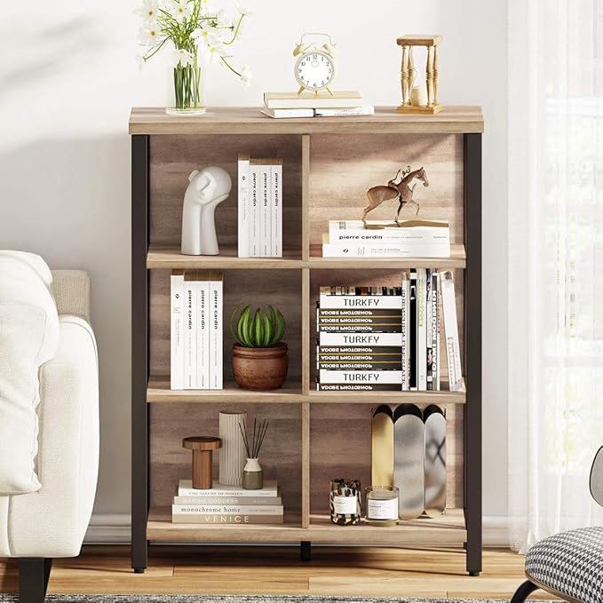 FATORRI 6 Cube Storage Organizer Shelf, Wood and Metal Cubby Bookcase, Industrial 4 Tier Cube Bookshelf (Rustic Oak)