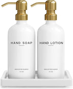 Luxury Glass Soap and Lotion Dispenser Set with Tray by Brighter Barns - Hand Soap Dispenser Bathroom Set & Stainless Steel Pump for Home or Airbnb - White and Gold Bathroom Accessories & Decor (Gold)