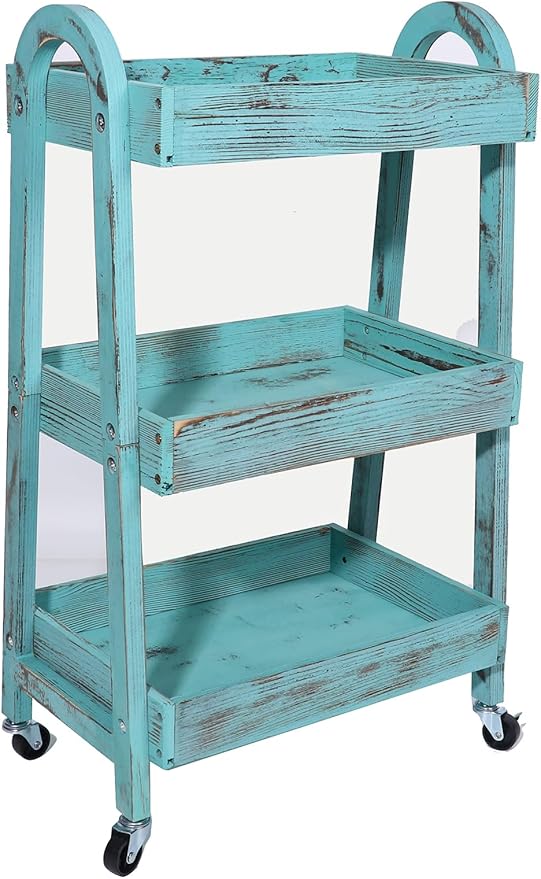 3-Tier Rolling Utility Cart with Lockable Wheels Storage Slim Storage Heavy Duty Cart Mobile Shelving Unit Craft Narrow Organizer for Bathroom Laundry Kitchen (Vintage Blue)