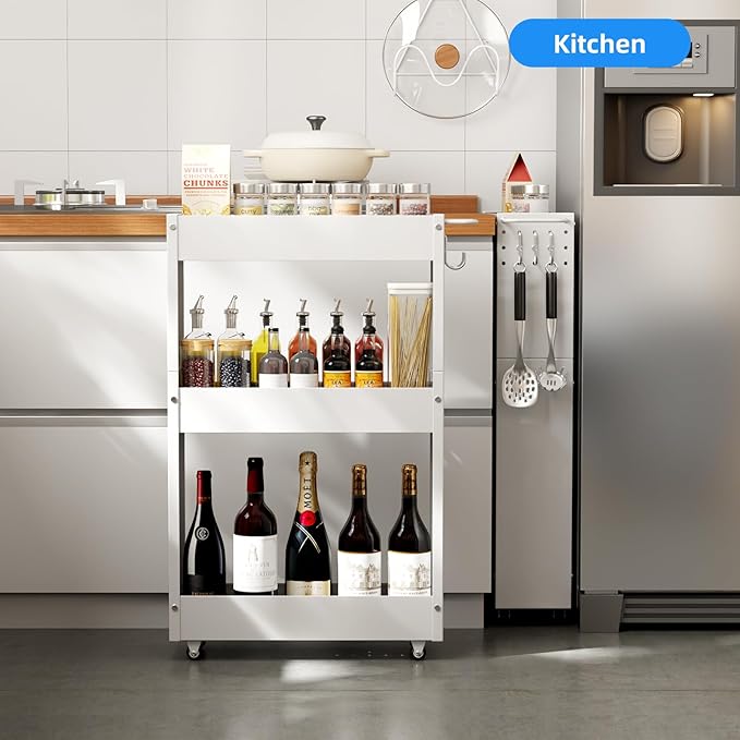 Slim Storage Cart 3 Tier with Handle,Metal Basket Bathroom Organizer Rolling cart with Wheels, Rolling Utility Cart Slide Out Organizer for Kitchen, Bathroom, Laundry