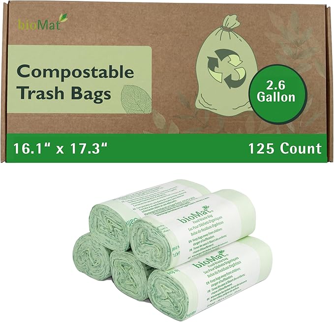 bioMat AirBox Compost Bin for Countertop with 2.6 Gallon Compostable Trash Bags (125 Bags with Handle Ties), BPI Certified