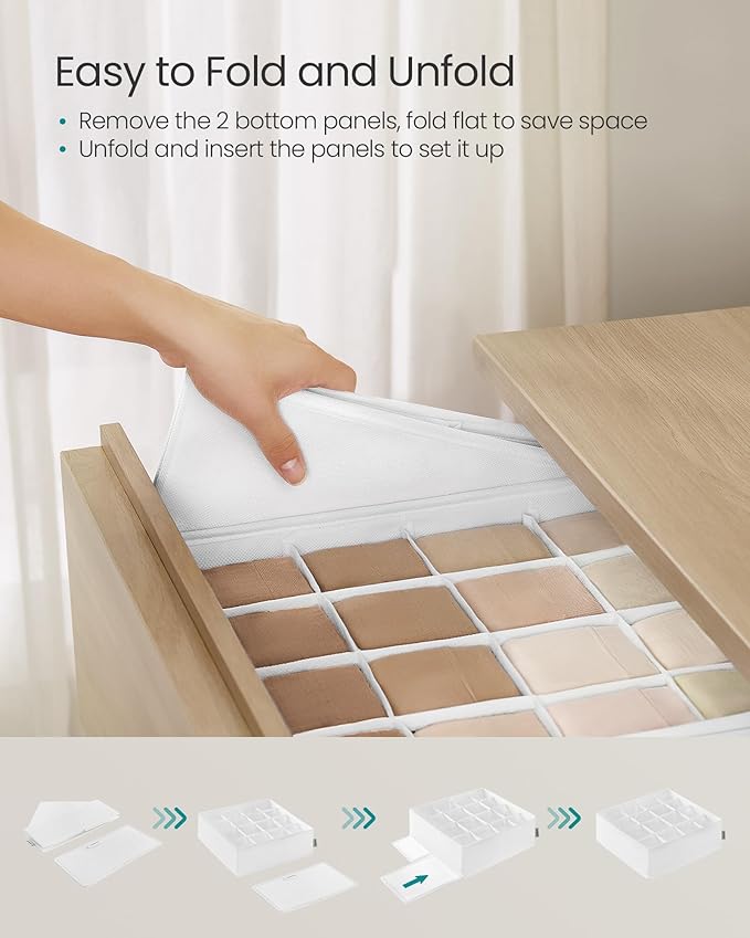 SONGMICS 4 Pack Drawer Organizers, 80 Cells (2x16+2x24), Foldable Dividers, 11.8 x 11.8 x 3.9 Inches, for Socks, Underwear, Ties, Belts, Cloud White URUS011W01