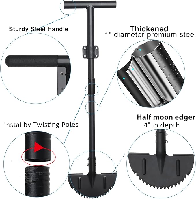 Edger Lawn Tool, Manual Garden Edger Long Handle 40-48 inch, Steel Hand Saw-Tooth Border Sidewalk Landscape Yard Grass Weed Half Moon Edger Shovel for Lawns