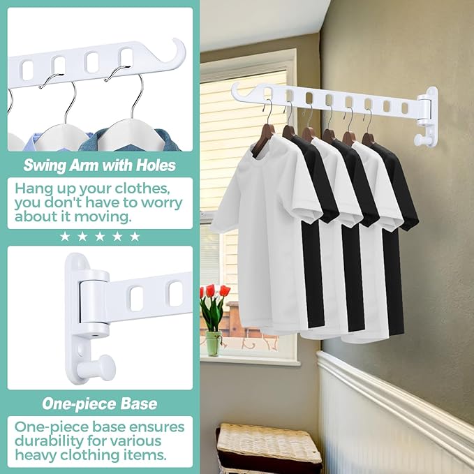 Laundry Drying Rack Wall Mounted - Swing Arm Clothes Hanger with 8-Hole, Sturdy Hanging Bar & Swivel Laundry Room Hook, Coat Hanger Holder for Closet, Aluminum (2-Pack, White)