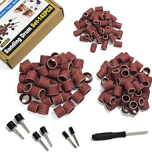 Asieg Tool Sanding Drum Kit 142Pcs 120Grit, 1/2" & 3/8" & 1/4" Diameter Drum Sanding Band with 3.17mm Shank Mandrels for Drill Dremel Rotary Tools Nails Drill