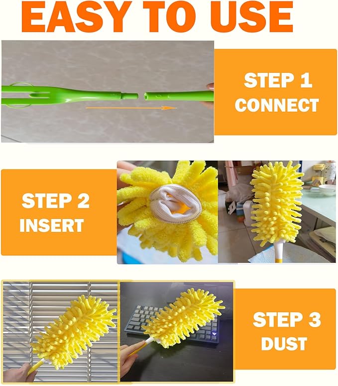 Duster Refill for Swiffer Duster, Reusable Duster Refill Compatible with Swiffer Hand Duster, 360° Heavy Duty Washable Microfiber Dusters for Cleaning, 6 Pack & 1 Handle, Yellow