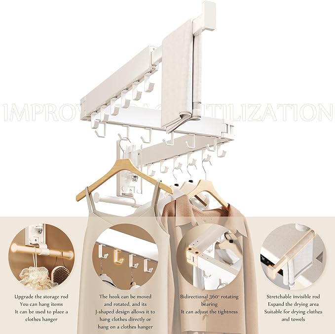 Wall Mounted Collapsible Clothes Drying Rack, Space-Saving Laundry Drying Rack Clothing Hanger, Durable Foldable Design Extends Left, Right & Up for Upgraded Versatility