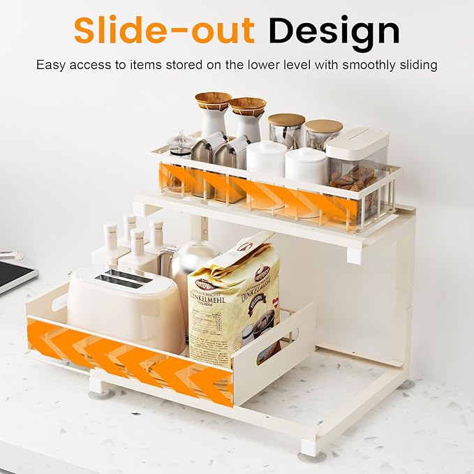 2 Pack Under Sink Organizer, 2-Tier Heavy Duty Metal Pull Out Cabinet Organizer Slide Out Sink Shelf Organizer Height Adjustable, Multi-Purpose Storage Shelf for Kitchen Bathroom (Sand, 1 Pack)