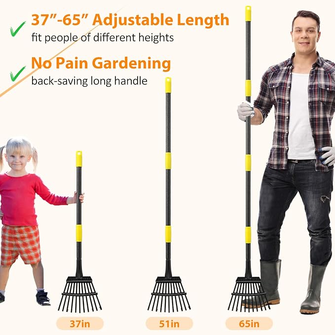 Garden Rake for Leaves, 65 inch Long Rake, 11 Tines Small Narrow Rake, Heavy Duty Metal Leaf Rakes with Adjustable Steel Handle for Lawns Yard Flower Bed Grass Mulch Shrub Camping Gardening
