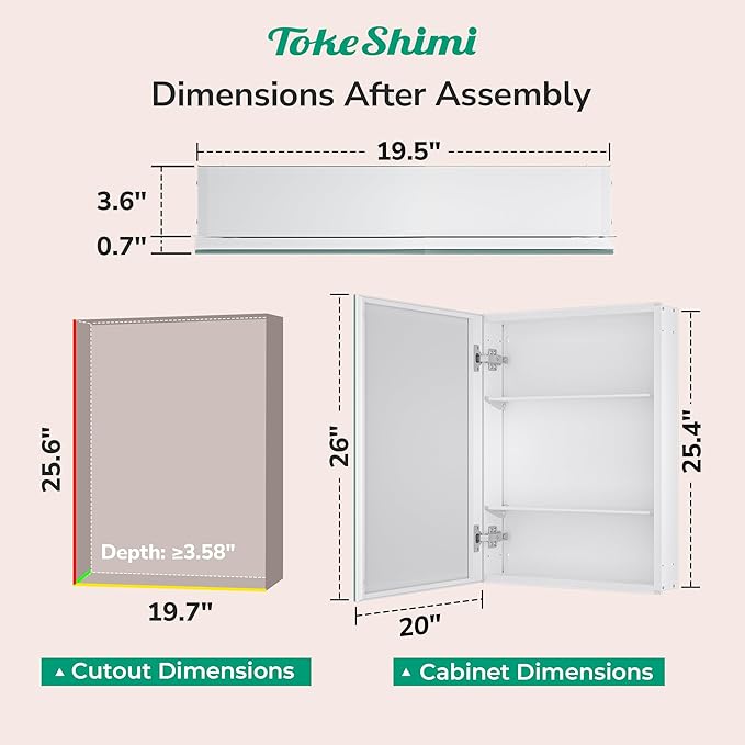 TokeShimi 20x26 Medicine Cabinet Mirror with Storage Tempered, Aluminum Surface Mount or Recessed Medicine Cabinet White with Adjustable Shelves for Bathroom Vanity Modern Farmhouse