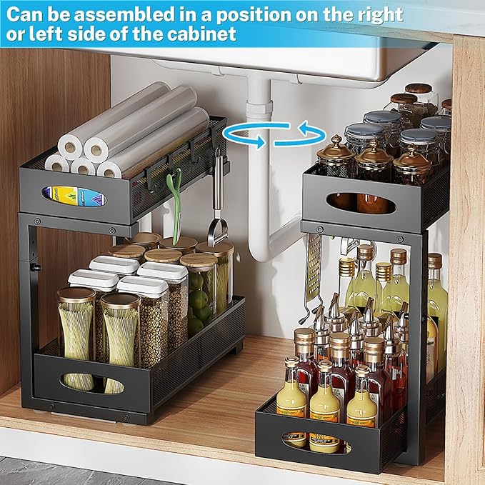 Under Sink Organizer, 2-Tier Pull Out Cabinet Organizer with Adjustable Height, Use in Kitchen Bathroom Cabinet and Countertop Storage, Black, 2-Pack