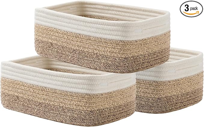 Small Woven Basket, 12 x 8 x 4.5 Inches, Storage Basket for Organizing, Cute Small Rope Shelf Closet Cube Storage Bins Baskets for Shelves, Dog Toy Gift Baskets Empty, 3 Pack Gradient Brown