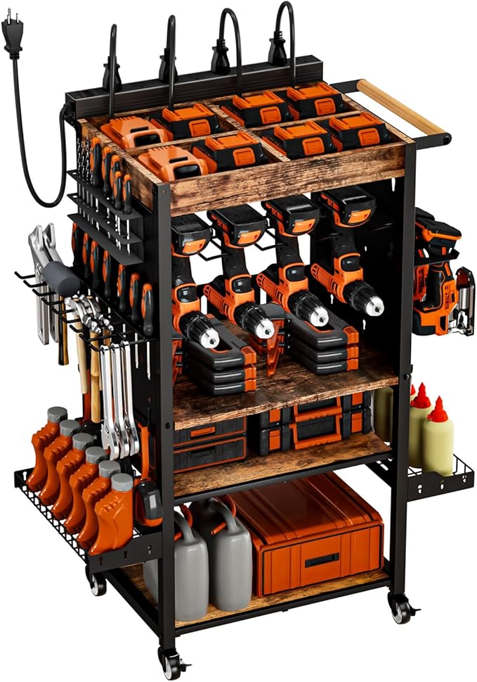 Heavy-Duty Power Tool Organizer with Charging Station,Premium Thickened Wood Panels,Tool Organizer 5 Layers + 5 Side Hooks Lntegrated Design Tool Organizers and Storage