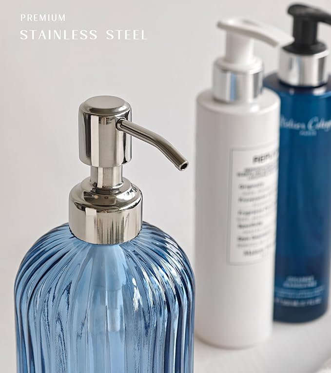 JASAI 18Oz Navy Blue Glass Soap Dispenser for Kitchen & Bathroom, Refillable Kitchen soap Dispenser with Vertical Stripe, Bathroom Soap Dispenser for Dispense Hand soap& Dish Soap.