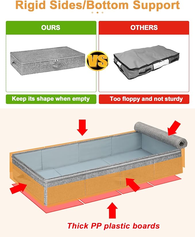 punemi Under Bed Storage, 3 Pack Underbed Storage Container Bags With Lid, Foldable Sturdy Clothes Storage Drawer Organizer W/ 3 Handles, Ultra Thick Fabric Blanket Shoe Storage Box, Grey