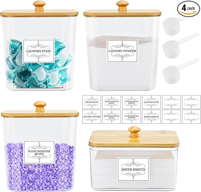 4PCS Laundry Pods Container, Clear Laundry Room Organization and Storage with Bamboo Lids, 3 Premium Scoops & Labels – Ideal for Scent Booster Beads, Dryer Balls, Sheets & Powder (6'')