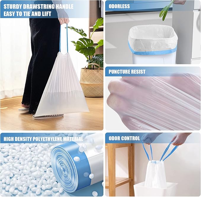 FORID Small Drawstring Trash Bags - 4 Gallon Plastic Garbage Bags White Unscented Can Liners 60 Count Strong Wastebasket Bags for Bathroom Office Home Kitchen Bedroom Travel 15 Liter - Durable & Thick