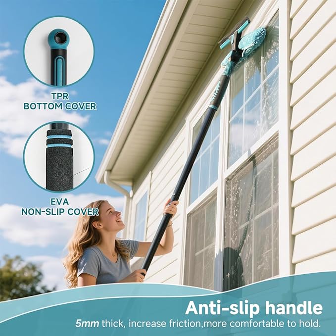 AIDELY 62" Window Squeegee, 2 in 1 Window Cleaning Tool with Telescopic Pole, Rotatable and Bendable Head for High Windows Indoor Outdoor, Includes 2 Blades & 2 Pads (Microfiber+Pads)