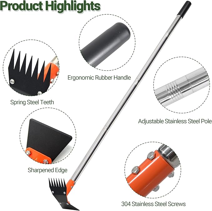 2-in-1 Garden Hoe and Weed Puller Rake, 60 Inch Adjustable Long Handle Weeding Tool Heavy Duty Spring Steel Head with Sand Grain Coating, Weed Remover for Garden, Yard, Lawn, Driveway