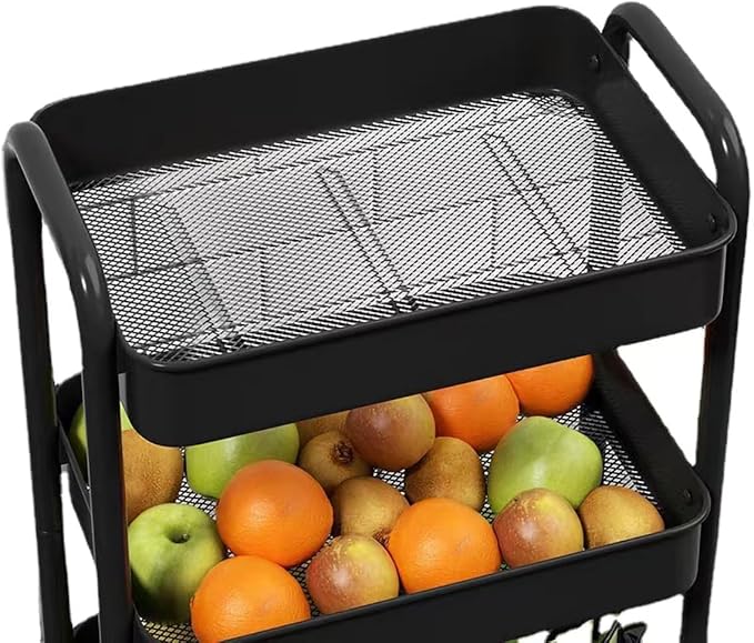 XIUSHE 3-Tier Metal Utility Cart Rolling Storage Organizer, Portable and Sturdy, with Wheels, Ideal for Office, Kitchen, Bathroom, Classroom, and More, Black