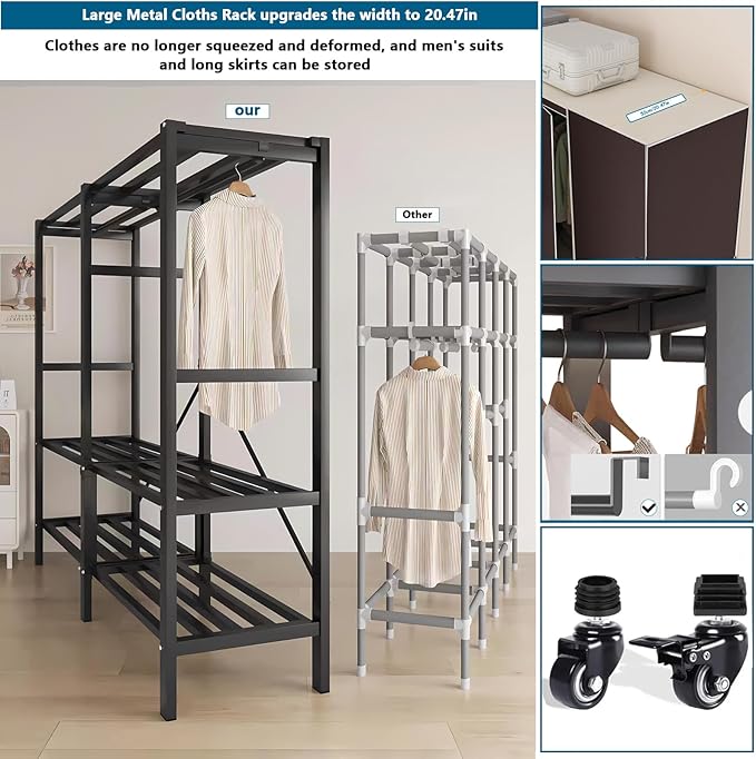 Heavy Duty Covered Clothes Rack with Magnetic Door Foldable Portable Wardrobe Closet for Hanging Clothing Rolling Black Metal Garment Rack on Wheels Closet System (Brown, 49.12in)