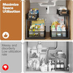 2 Pack 21.3IN-Depth Under Sink Organizer with Smooth Cylindrical Rail,2-Tier Pull Out Multi-Purpose Cabinet Storage for Bathroom&Kitchen,Height Adjustable,Rust-Resistant Coating-Black
