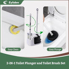 Eyliden Disposable Toilet Brush and Plunger Combo | 2-in-1 Toilet Bowl Wand Kit - 10 Count Pre-Soaked Refill Heads, 3-Step Plunger, Storage Holder - Compact Toilet Cleaning System, White