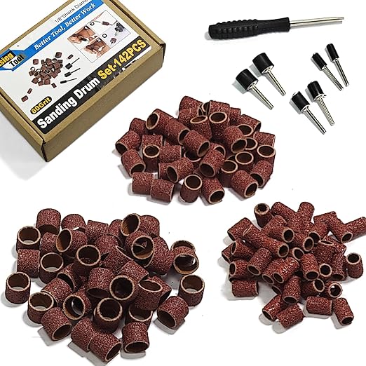 Asieg Tool Sanding Drum Kit 142Pcs 80Grit, 1/2" & 3/8" & 1/4" Diameter Drum Sanding Band with 3.17mm Shank Mandrels for Drill Dremel Rotary Tools Nails Drill