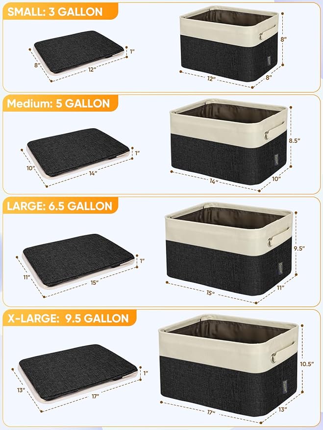 BALEINE 4 Pack Fabric Storage Bins for Shelves, Linen Storage Baskets for Organizing, Decorative Closet Bins for Clothes, Home (Black, 12"x8"x8")