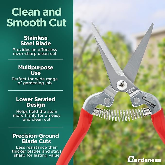 Gardeness Pruning Shear Straight Pruning Snip 2PCS Stainless Steel Florist Scissors, Multi-Tasking Precision Hand Pruner Herb Snips Flower Clippers Bonsai Trimmers Ergonomic Handle Garden shear
