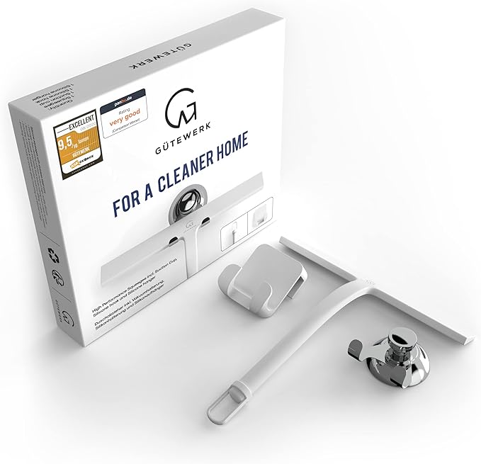 GÜTEWERK Shower Squeegee for Glass Doors, Silicone Window Squeegee, Bathroom and Glass Cleaning - White - 9 Inch