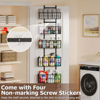 Adjustable Over The Door Organizer, Metal Hanging Door Organizer with 5 Wire Basket 7 Hooks, Wall Mounted Shelf for Pantry Laundry Organization and Storage, Black